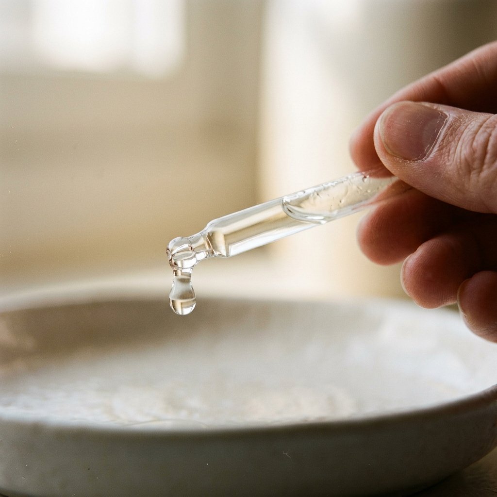 Minimal glass dropper on a pale marble surface, natural diffused light