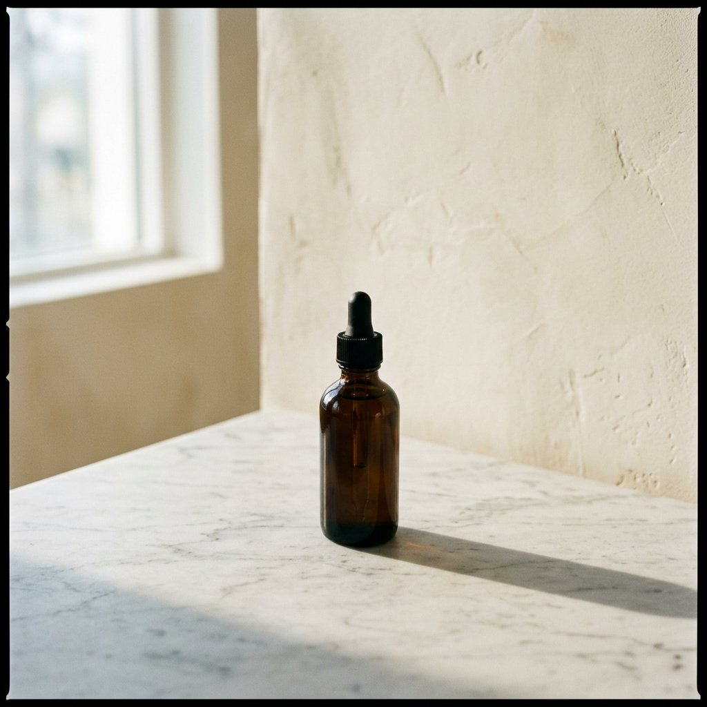 A glass dropper bottle resting against pale marble, morning window light