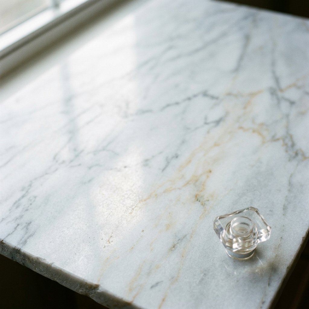 Close-up of a pale marble surface, veins and natural texture